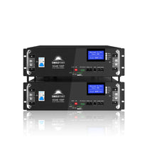 Two stacked black Sungold Power SG48 100P inverters with digital displays and ports are shown reflecting on a white surface. Blue screens read Welcome to Use Smart EMS. Ideal for lithium battery energy storage system integration.