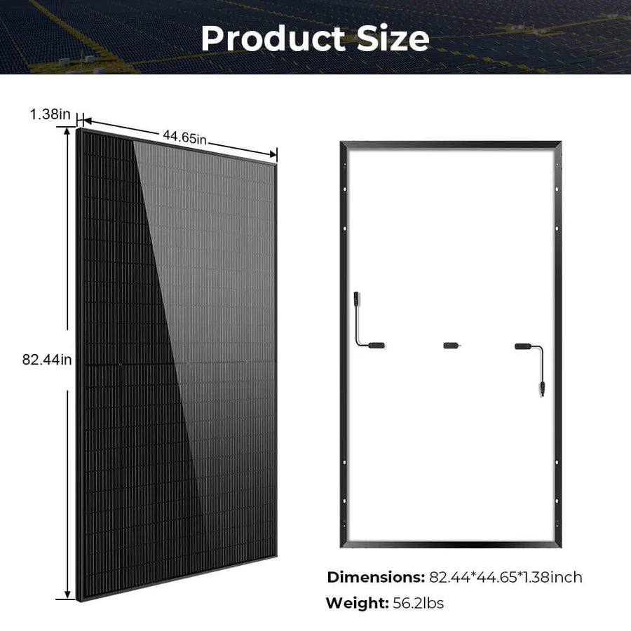 Sungold Power solar panel size diagram shows front and back views with dimensions 82.44 x 44.65 x 1.38 inches, weight 56.2 lbs, labeled measurements—ideal for hybrid inverter or lithium battery storage in your Hybrid Solar Kit.