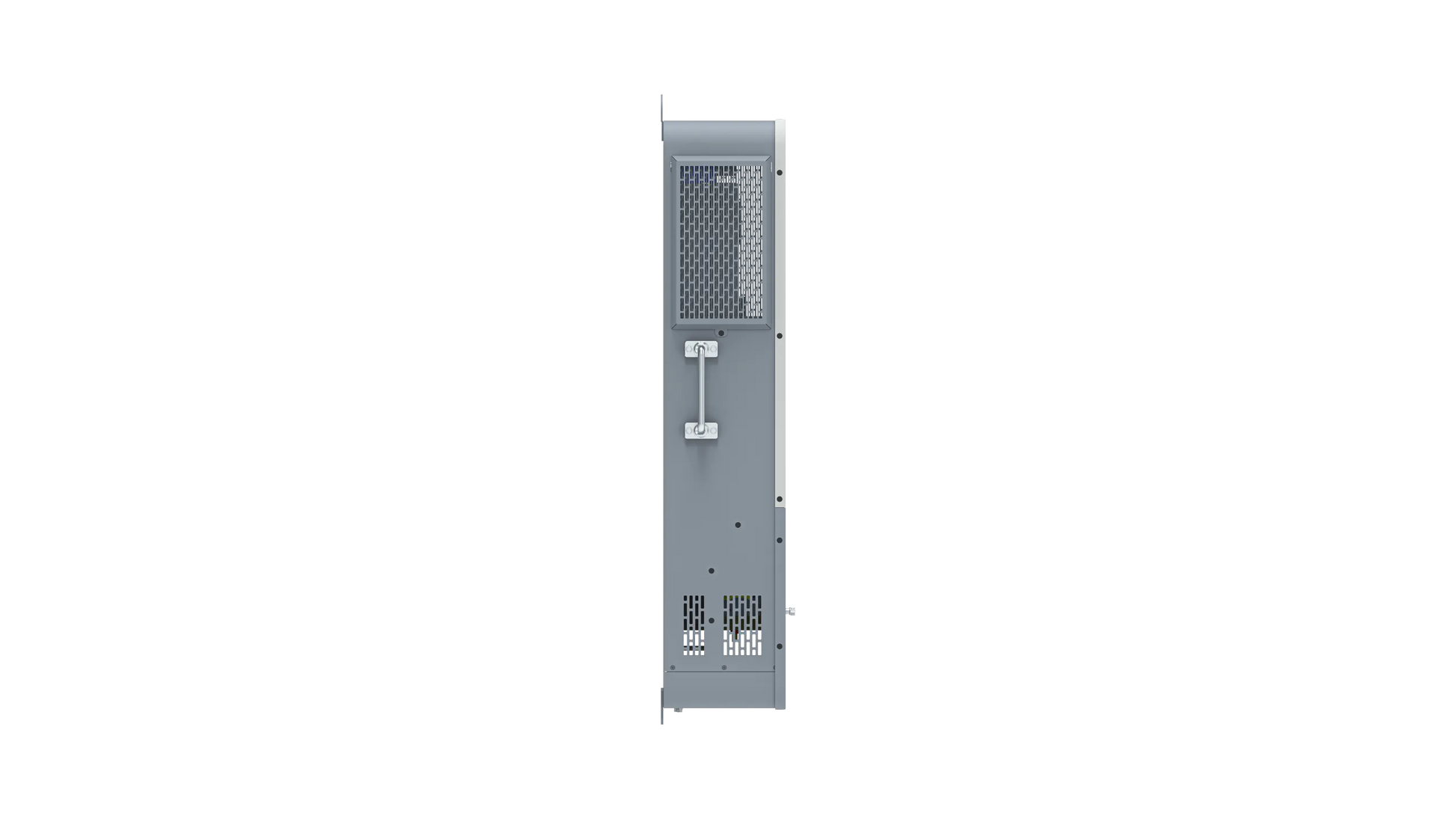 The image displays the rear view of a gray BigBattery computer server tower set against a plain white card background. Featured are multiple ventilation grills, expansion slots, ports, and power supply sections, all arranged vertically. The organized layout reflects the modern precision associated with IBM Plex Sans and Apex10k design aesthetics.
