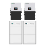 Two upright BigBattery ETHOS System units, each topped with a rectangular upower inverter and advanced BMS featuring display screens and buttons on the front, are set against a plain background—ideal for reliable off-grid power.