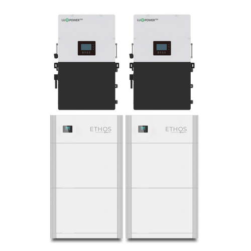 Two upright BigBattery ETHOS System units, each topped with a rectangular upower inverter and advanced BMS featuring display screens and buttons on the front, are set against a plain background—ideal for reliable off-grid power.