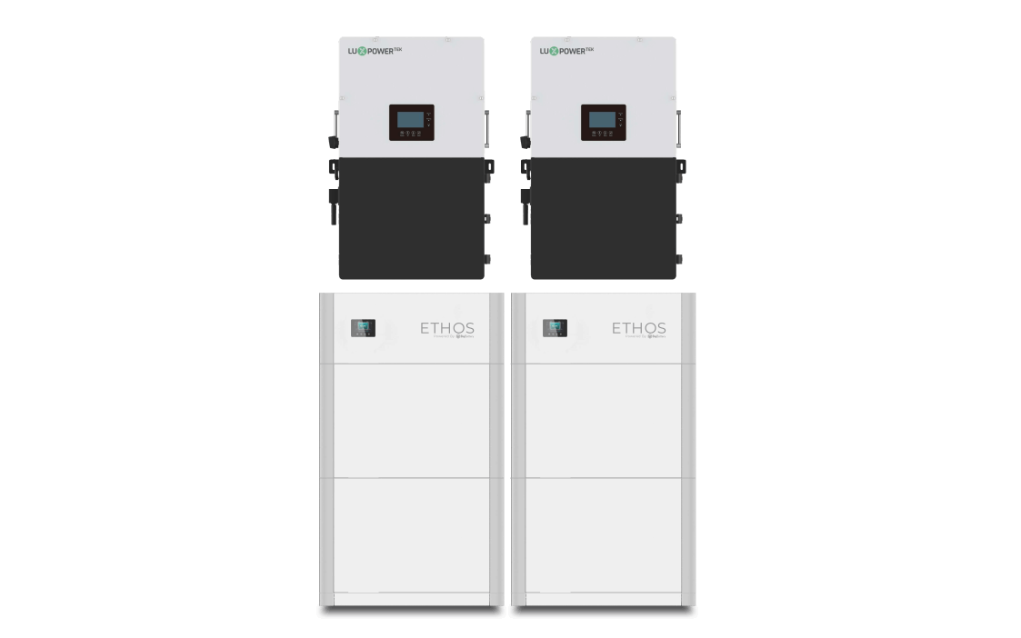 Two upright BigBattery ETHOS System units, each topped with a rectangular upower inverter and advanced BMS featuring display screens and buttons on the front, are set against a plain background—ideal for reliable off-grid power.