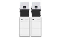 Two upright BigBattery ETHOS System units, each topped with a rectangular upower inverter and advanced BMS featuring display screens and buttons on the front, are set against a plain background—ideal for reliable off-grid power.