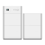 Two rectangular white BigBattery home power storage units stand side by side on a green background. The taller 48V ETHOS unit on the left features a digital display and the ETHOS logo on its upper front panel.
