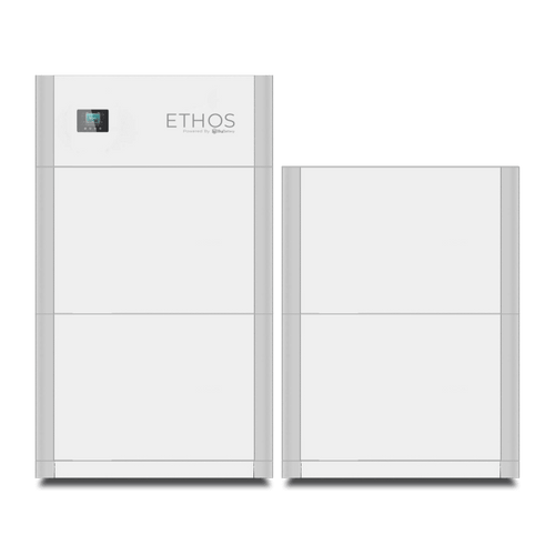 Two rectangular white BigBattery home power storage units stand side by side on a green background. The taller 48V ETHOS unit on the left features a digital display and the ETHOS logo on its upper front panel.