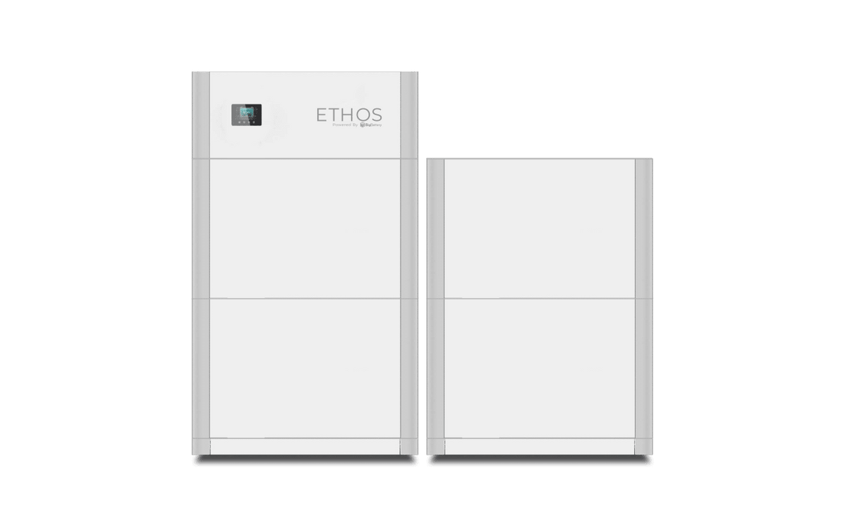 Two rectangular white BigBattery home power storage units stand side by side on a green background. The taller 48V ETHOS unit on the left features a digital display and the ETHOS logo on its upper front panel.