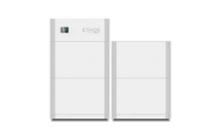 Two rectangular white BigBattery home power storage units stand side by side on a green background. The taller 48V ETHOS unit on the left features a digital display and the ETHOS logo on its upper front panel.