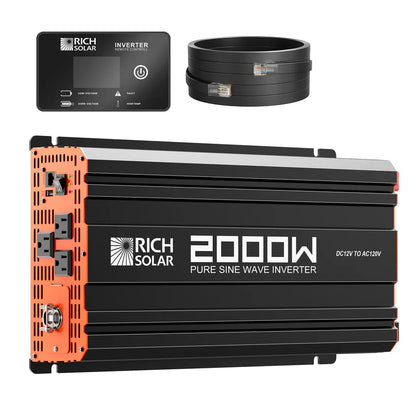 The Rich Solar 2000W pure sine wave inverter (DC12V to AC120V), shown with a control panel and two black cables, is ideal for use with a 400W solar kit or MPPT charge controller for dependable off-grid power.