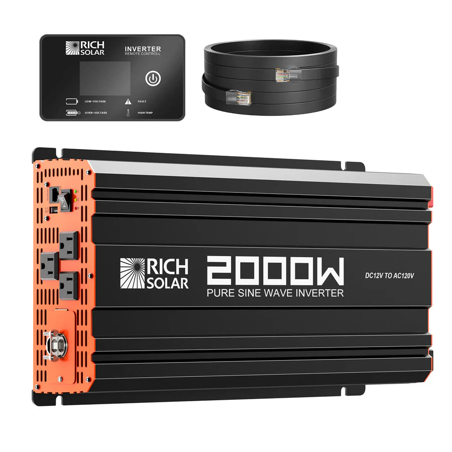 A black and orange 2000W Rich Solar high-frequency power inverter is shown with a digital control panel, two coiled black cables, and is labeled DC12V to AC120V—ideal for off-grid use.