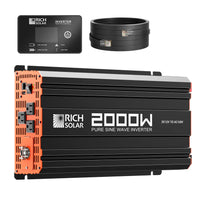 A black and orange 2000W Rich Solar high-frequency power inverter is shown with a digital control panel, two coiled black cables, and is labeled DC12V to AC120V—ideal for off-grid use.