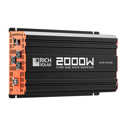 Rich Solar 2000W pure sine wave inverter in black and orange offers multiple outlets and ports, ideal for use with a 400W solar kit or MPPT charge controller, ensuring reliable DC12V to AC120V power conversion.