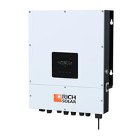 A white Rich Solar inverter with a central digital display, multiple lower-edge ports, and labeled branding. Its designed for self-consumption and offers mobile monitoring for easy system management.