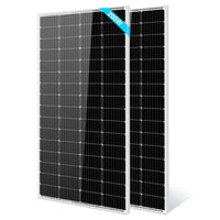 Two Sungold Power black monocrystalline solar panels with white frames stand upright side by side. A blue label on the front panel displays 200W in white text, showcasing their efficient, clean energy output.