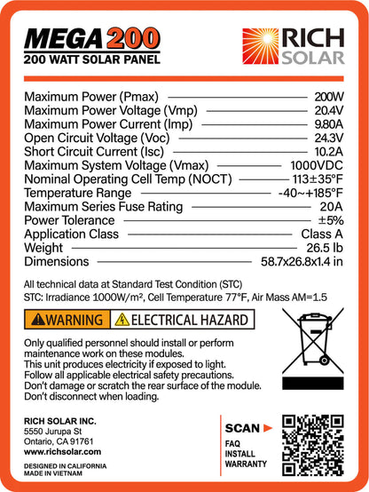 RICH SOLAR MEGA 200W 12V Monocrystalline Solar Panel