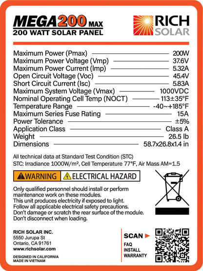 RICH SOLAR MEGA 200W 24V Monocrystalline Solar Panel