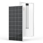 Two rectangular Ecoflow solar panels are shown: one features black, grid-like photovoltaic cells while the other displays a white back with cables and a junction box—ideal for an Ecoflow DELTA Pro solar power system or off-grid living.