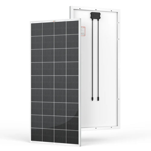 Two rectangular Ecoflow solar panels are shown: one features black, grid-like photovoltaic cells while the other displays a white back with cables and a junction box—ideal for an Ecoflow DELTA Pro solar power system or off-grid living.