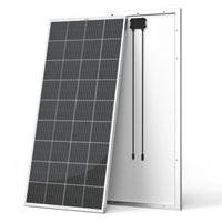 Two Rich Solar monocrystalline panels are shown: one displays black photovoltaic cells, the other reveals electrical wiring and a connector box. Both have white frames, making them ideal for off-grid solar projects.