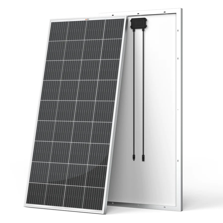 Two Ecoflow solar panels are shown: one displays a grid of dark photovoltaic cells, while the other reveals the back panel with wiring and a junction box—perfect for off-grid setups or solar kits.