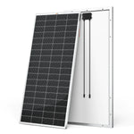 Two lightweight Rich Solar panels are shown: one faces forward, displaying its high-efficiency solar cell grid, while the other shows the white back panel with two attached black electrical cables.