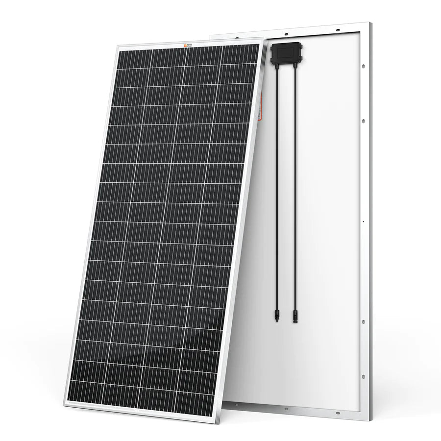 Two lightweight Rich Solar panels are shown: one faces forward, displaying its high-efficiency solar cell grid, while the other shows the white back panel with two attached black electrical cables.