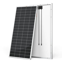 Two lightweight Rich Solar panels are shown: one faces forward, displaying its high-efficiency solar cell grid, while the other shows the white back panel with two attached black electrical cables.