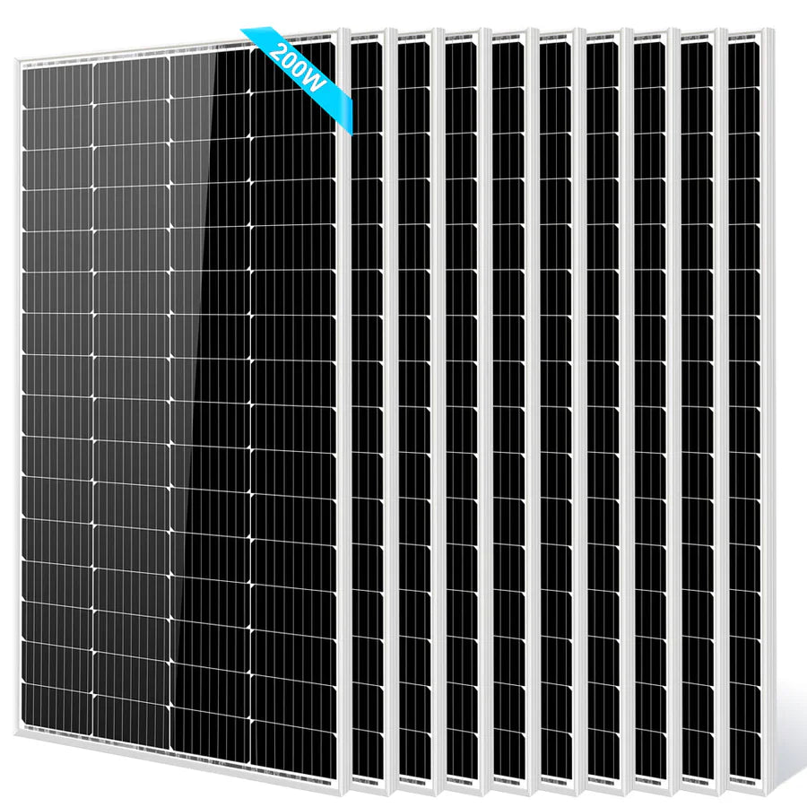 Nine Sungold Power solar panels with white frames are arranged side by side. Each panel features monocrystalline cells and a blue label on the front showing 200W, representing their clean energy capacity.