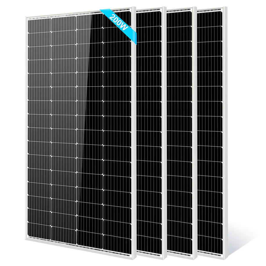 Four black Sungold Power solar panels with white grid lines and silver frames are arranged side by side. Made with monocrystalline cells, a blue label on the top corner of the front panel displays 200W in white text.