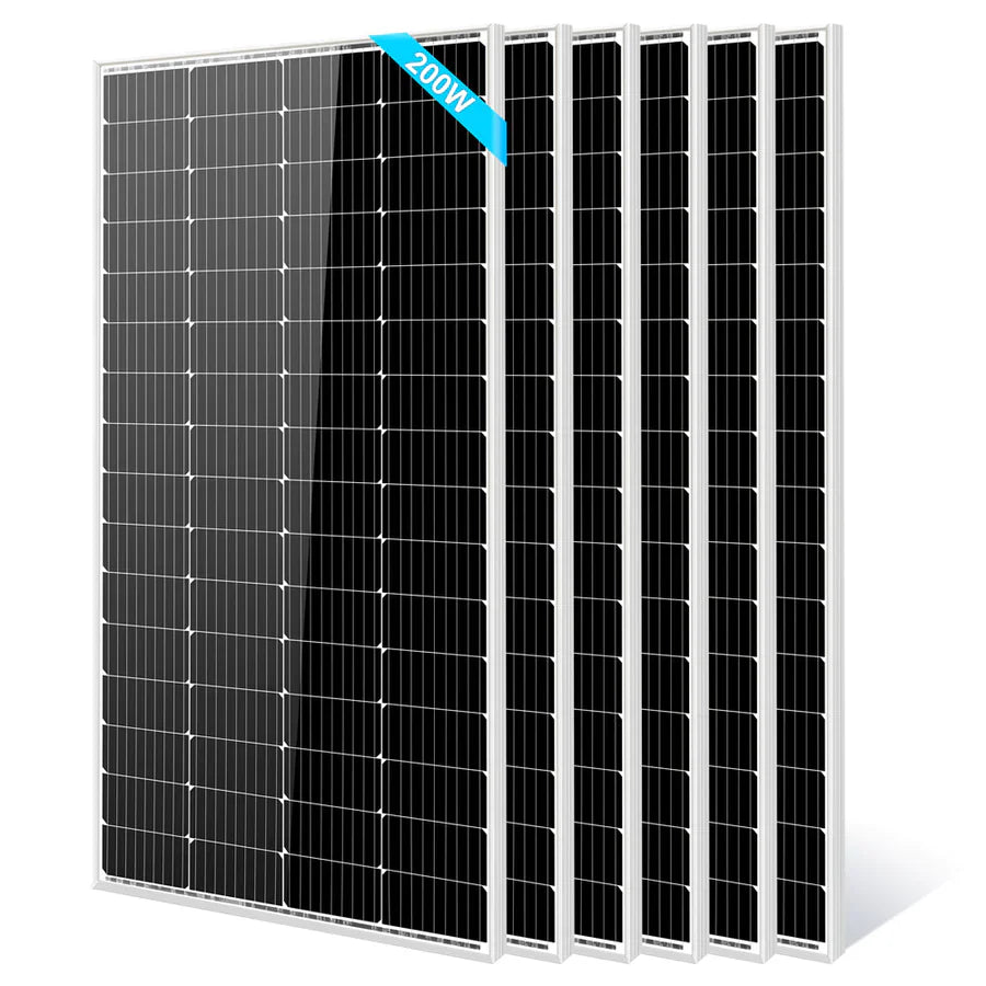 Six black Sungold Power monocrystalline solar panels with white frames stand upright in a row. The nearest panel has a blue 200W label at the top, showcasing their clean energy capacity.