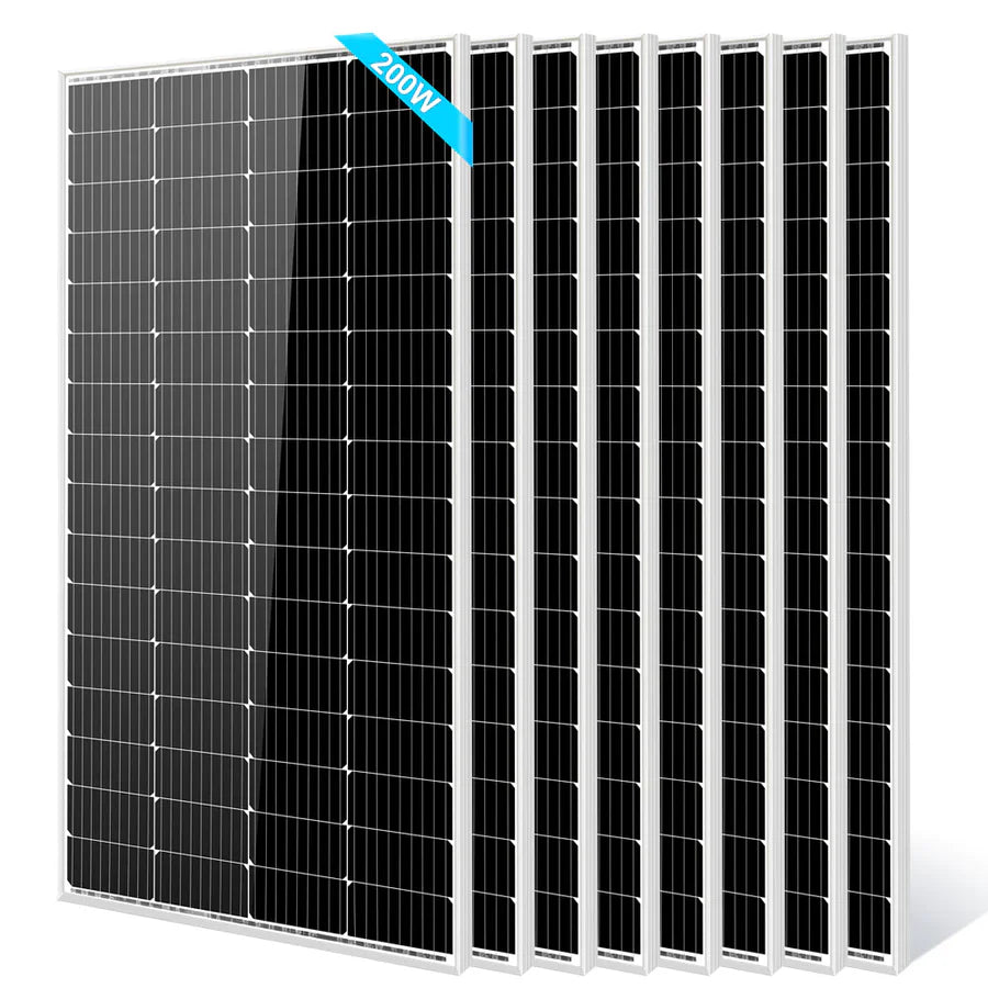 Seven black Sungold Power solar panels with silver frames stand in a row. Featuring efficient monocrystalline cells, each displays a blue 200W label on the front, highlighting their clean energy output.