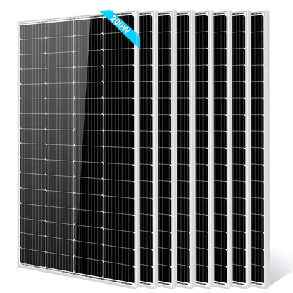 Seven black Sungold Power solar panels with silver frames stand in a row. Featuring efficient monocrystalline cells, each displays a blue 200W label on the front, highlighting their clean energy output.