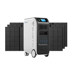 A Bluetti EP500 backup power station with a LiFePO4 battery, digital display, and wheels stands in front of large black solar panels against a white background.