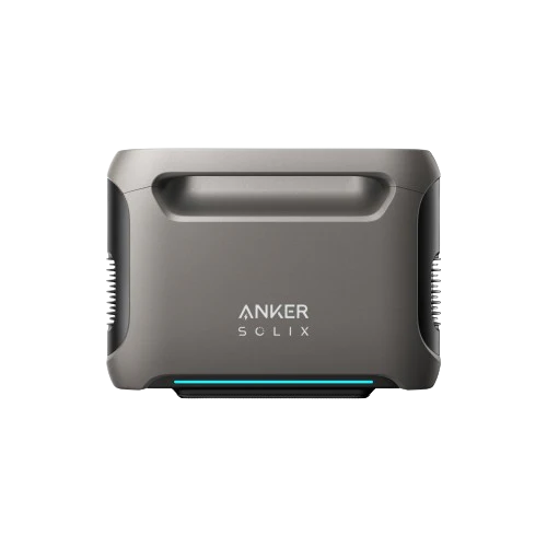 The Anker SOLIX F3800 is a rectangular gray device with a handle, side vents, centered logo, and blue accent on the front. It uses an LFP battery offering 840Wh capacity for reliable portable power.
