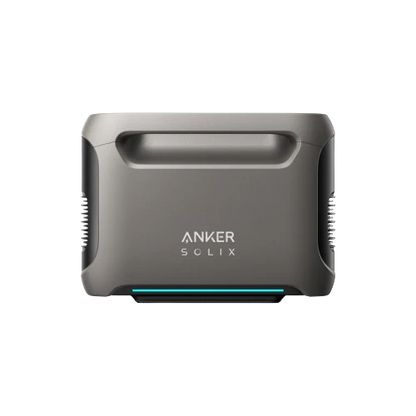 The Anker SOLIX F3800 is a rectangular gray device with a handle, side vents, centered logo, and blue accent on the front. It uses an LFP battery offering 840Wh capacity for reliable portable power.