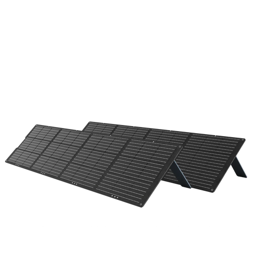 Four large Mango Power 200W Solar Panels, featuring durable ETFE solar cell lamination, are angled in a row on stands against a white background, ready to efficiently capture solar energy.