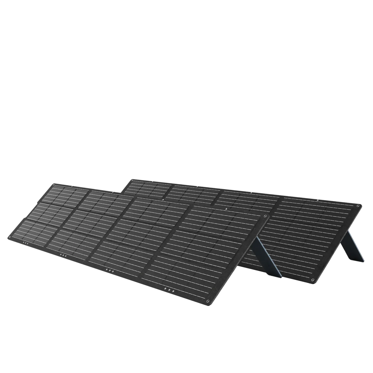 Four large Mango Power 200W Solar Panels, featuring durable ETFE solar cell lamination, are angled in a row on stands against a white background, ready to efficiently capture solar energy.