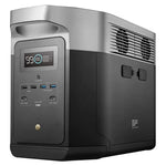 A portable black and gray Ecoflow Delta Max power station with a digital display, multiple USB ports, and side vents is shown angled on a white background—an ideal solar generator to pair with solar panels.