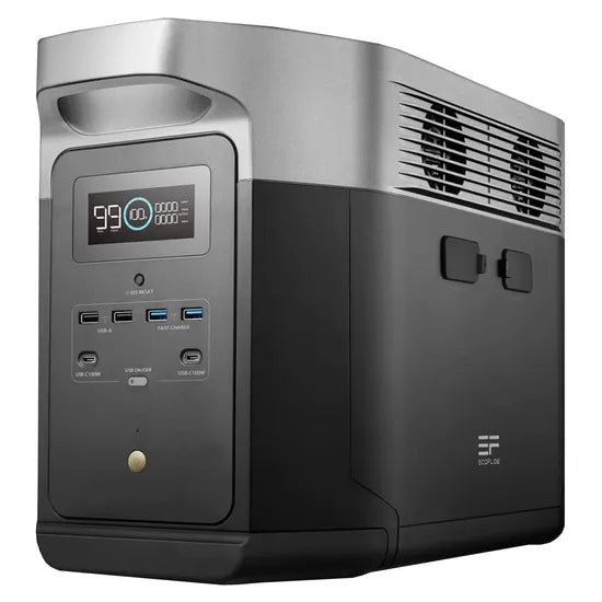 A portable black and gray Ecoflow Delta Max power station with a digital display, multiple USB ports, and side vents is shown angled on a white background—an ideal solar generator to pair with solar panels.
