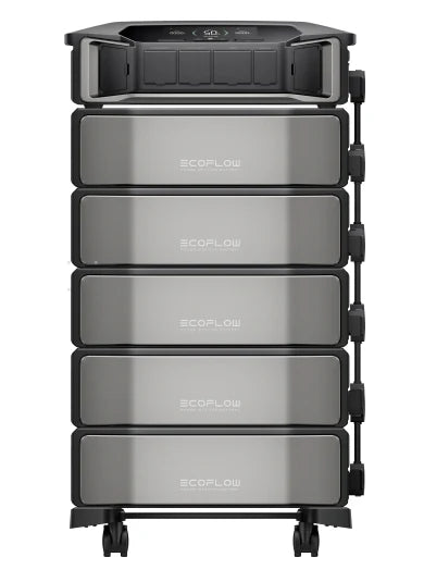 The EcoFlow DELTA Pro Ultra is a stackable portable power station with five silver, expandable battery modules and a black control panel on top, all on wheels—perfect for emergency preparedness.