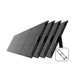 Four Mango Power 200W Solar Panels are set up in a row on stands, with an inset of two connecting cables. The black panels use ETFE lamination for enhanced durability, standing out against the plain white background.