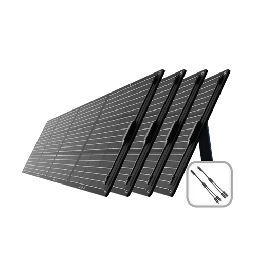 Four Mango Power 200W Solar Panels are set up in a row on stands, with an inset of two connecting cables. The black panels use ETFE lamination for enhanced durability, standing out against the plain white background.