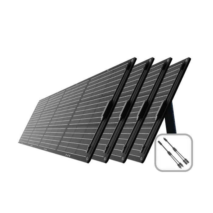 Four Mango Power 200W Solar Panels are set up in a row on stands, with an inset of two connecting cables. The black panels use ETFE lamination for enhanced durability, standing out against the plain white background.