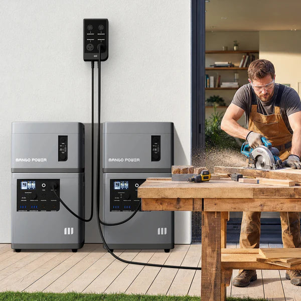 A man uses a circular saw to cut wood outdoors beside two large silver MANGO POWER units with fast charging capability connected to a wall. Sawdust is flying as he works at a wooden table near a modern building.