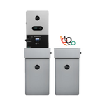 Two gray rectangular EG4 battery storage units stand side by side, one with a display screen and colored cables, showcasing a reliable 48V system ideal for off-grid energy storage against a plain white background.