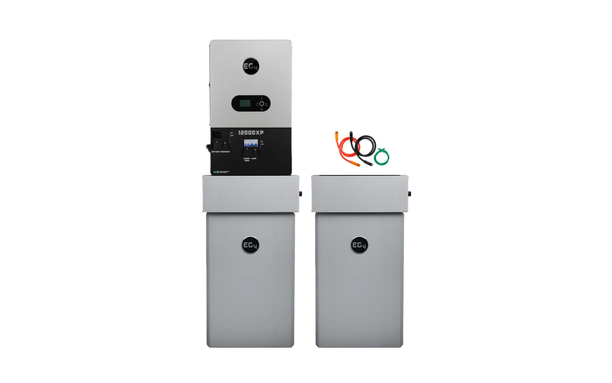 Two gray rectangular EG4 battery storage units stand side by side, one with a display screen and colored cables, showcasing a reliable 48V system ideal for off-grid energy storage against a plain white background.