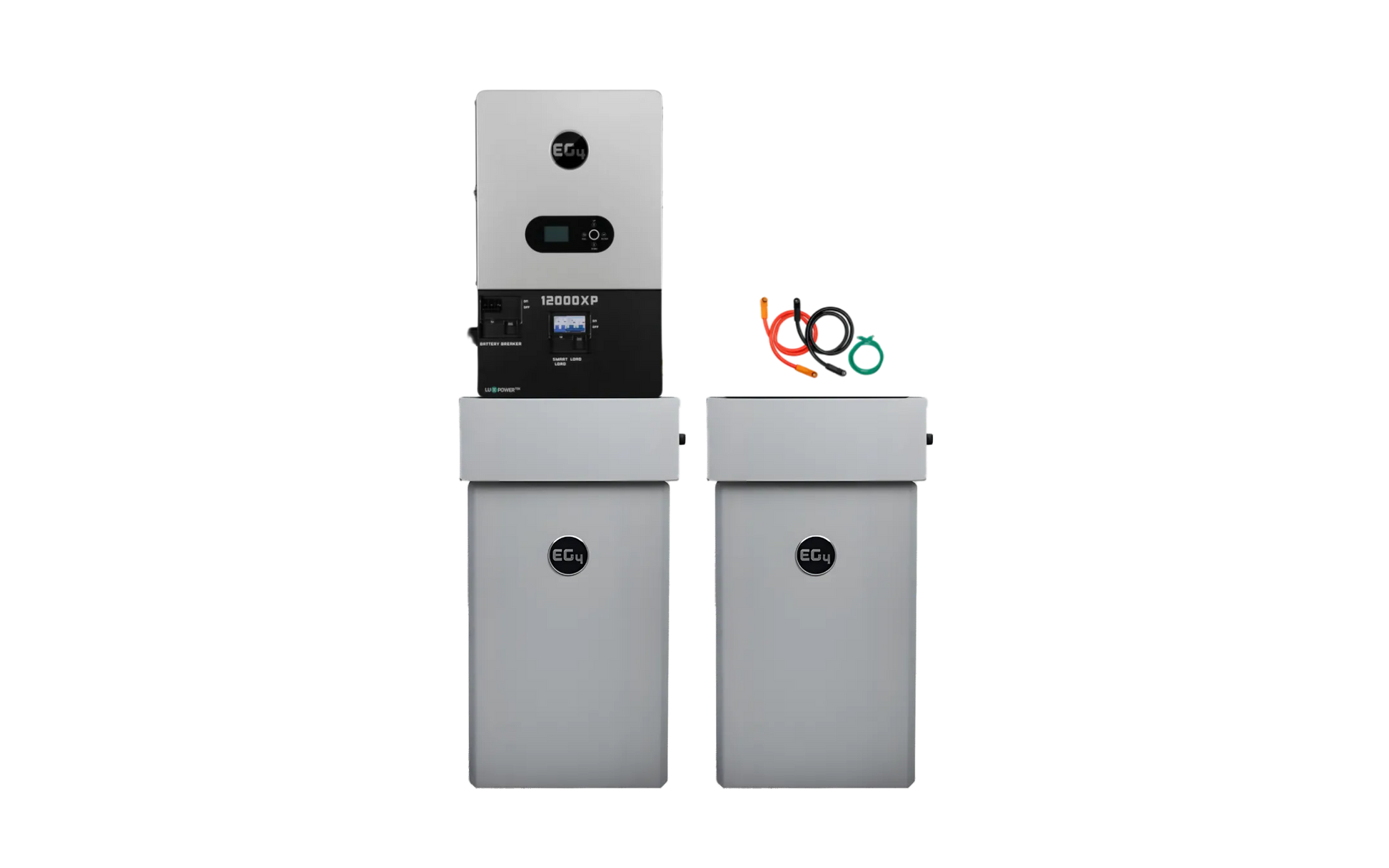 Two gray rectangular EG4 battery storage units stand side by side, one with a display screen and colored cables, showcasing a reliable 48V system ideal for off-grid energy storage against a plain white background.