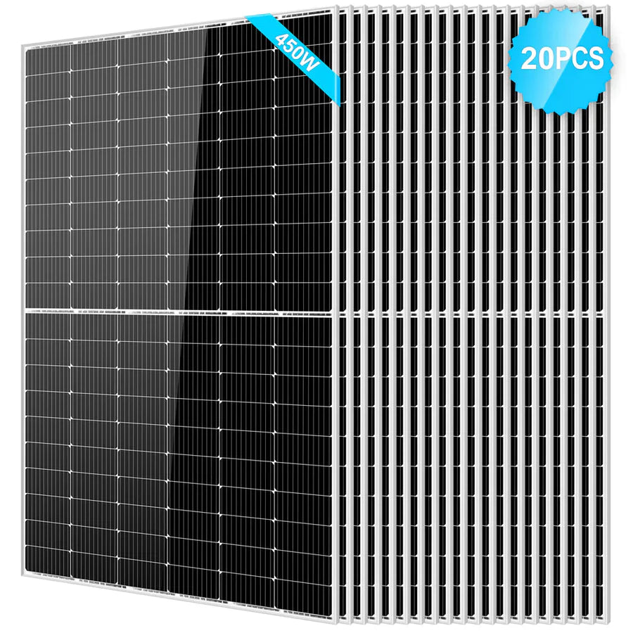 A set of 20 Sungold Power black 450W Monocrystalline PERC Solar Panels, each labeled 450W (top left) and a blue 20PCS badge (top right), are arranged in a row—ideal for any Off-Grid System.