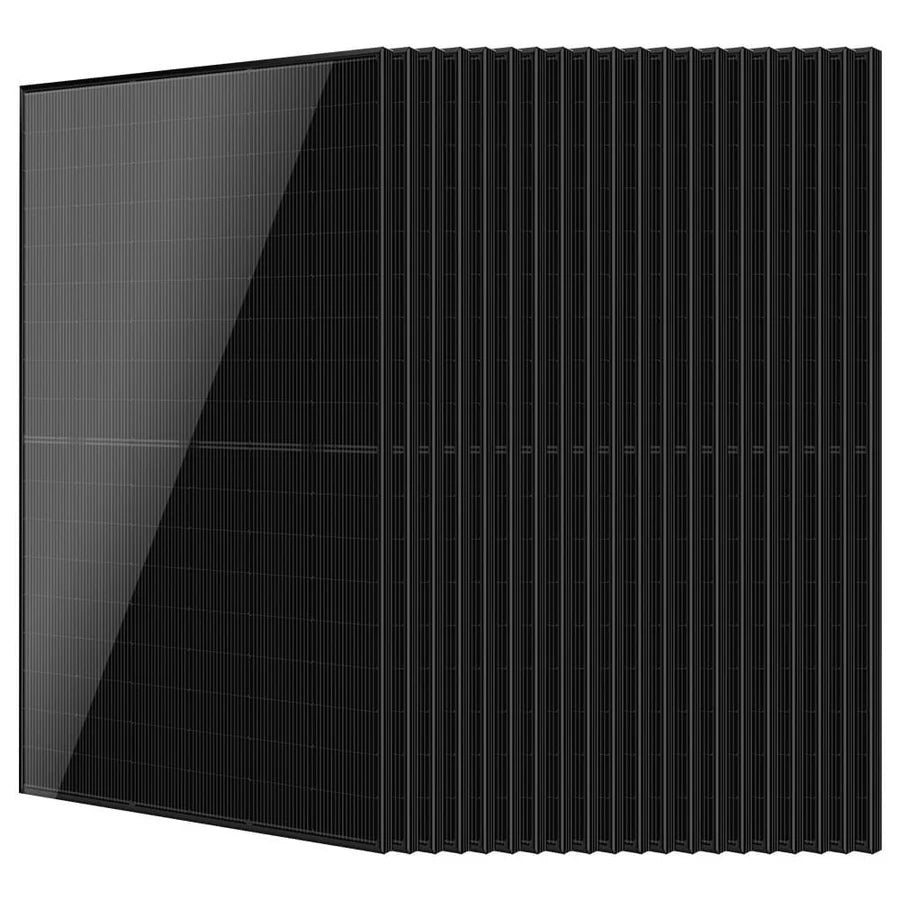 A stack of black solar panels is shown standing upright in a row against a white background, their sleek edges almost resembling the smooth border radius often found in modern design. A visible reflection shimmers on the surface of the front panel, its ink-dark finish lending a contemporary touch to the scene.