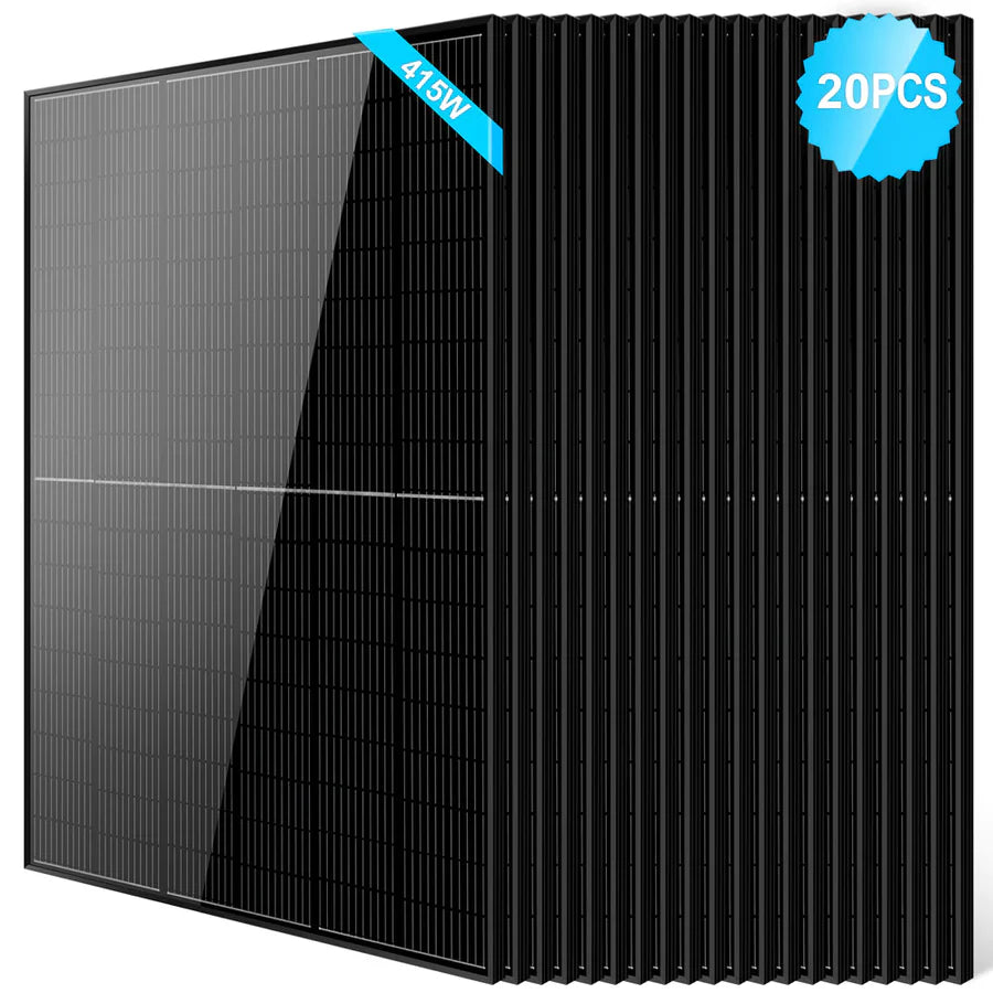 A stack of 20 black Sungold Power Monocrystalline PERC solar panels is shown, with a blue 415W label at the top left and a 20PCS badge in the upper right—ideal for an off-grid system.