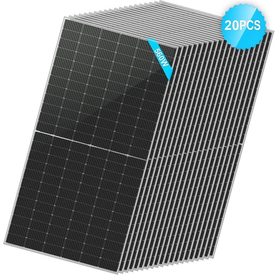 A stack of 20 Sungold Power black bifacial solar panels arranged diagonally, with a blue label showing 550W and a blue badge in the top right corner stating 20PCS, highlights advanced energy efficiency.